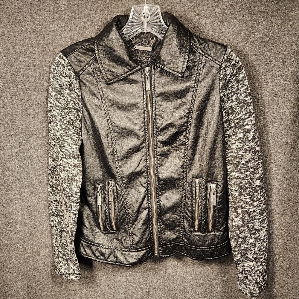 JOUJOU Black Faux Leather Marled Knitted Sleeves Moto Jacket Womens Small FLAWED